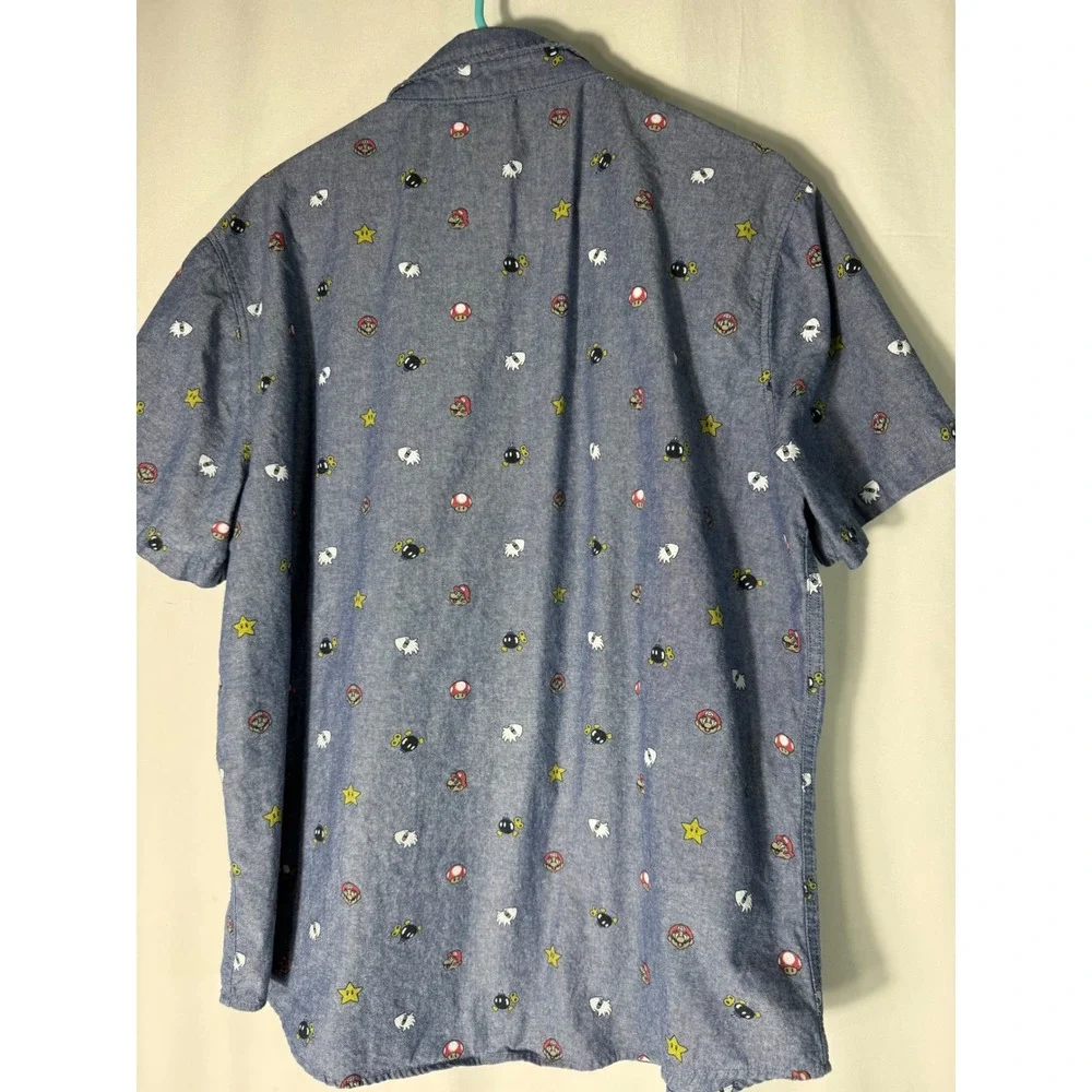Nintendo Super Mario Bros Mens XL Blue Chambray Short Sleeve Button Down Shirt - Picture 4 of 11
